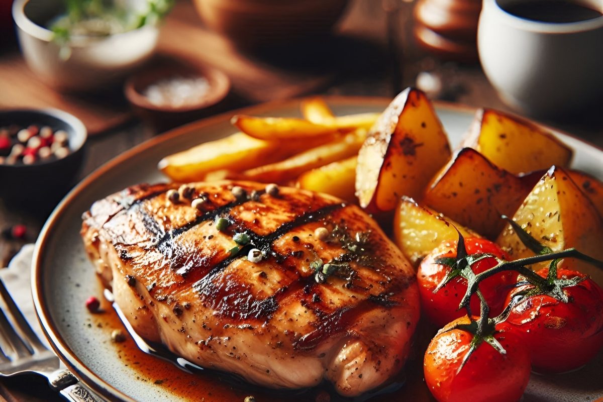 Juicy,Grilled,Chicken,Breast,Served,With,Roasted,Potatoes,And,Tomatoes.
